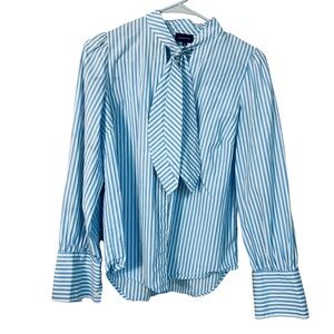 Who What Wear Size S Blue White Striped Long Sleeve Tie Neck Blouse Academia